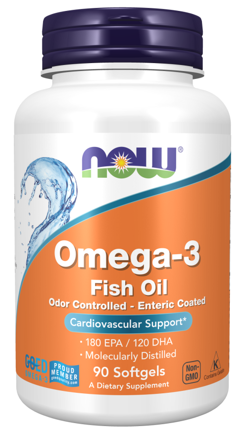 NOW Omega-3, Molecularly Distilled & Enteric Coated Softgels.
