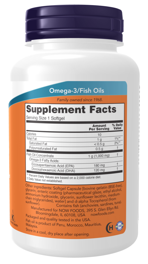 NOW Omega-3, Molecularly Distilled & Enteric Coated Softgels.